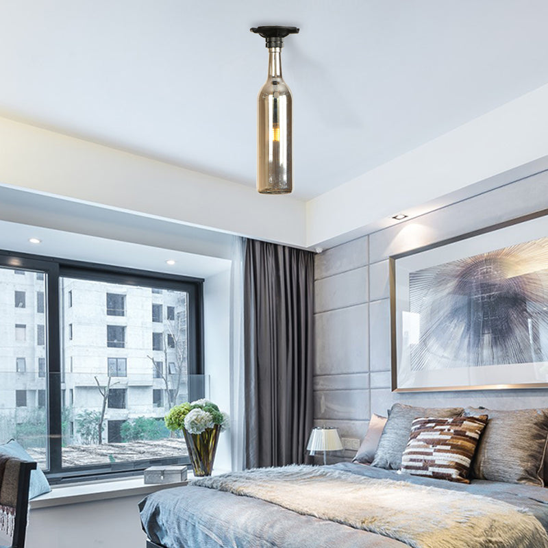 1 Bulb Semi Flush Light with Bottle Glass Shade Industrial Stylish Living Room Semi-Flush Mount Light in Grey/Brown Grey Clearhalo 'Ceiling Lights' 'Close To Ceiling Lights' 'Close to ceiling' 'Glass shade' 'Glass' 'Semi-flushmount' Lighting' 166103