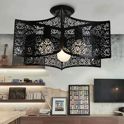 Black Drum Design Semi Flush Light with Wire Frame Vintage Retro Metallic 3 Heads Foyer Semi Flush Mount Light, 16"/16.5" W Black 21" Clearhalo 'Ceiling Lights' 'Close To Ceiling Lights' 'Close to ceiling' 'Semi-flushmount' Lighting' 166113