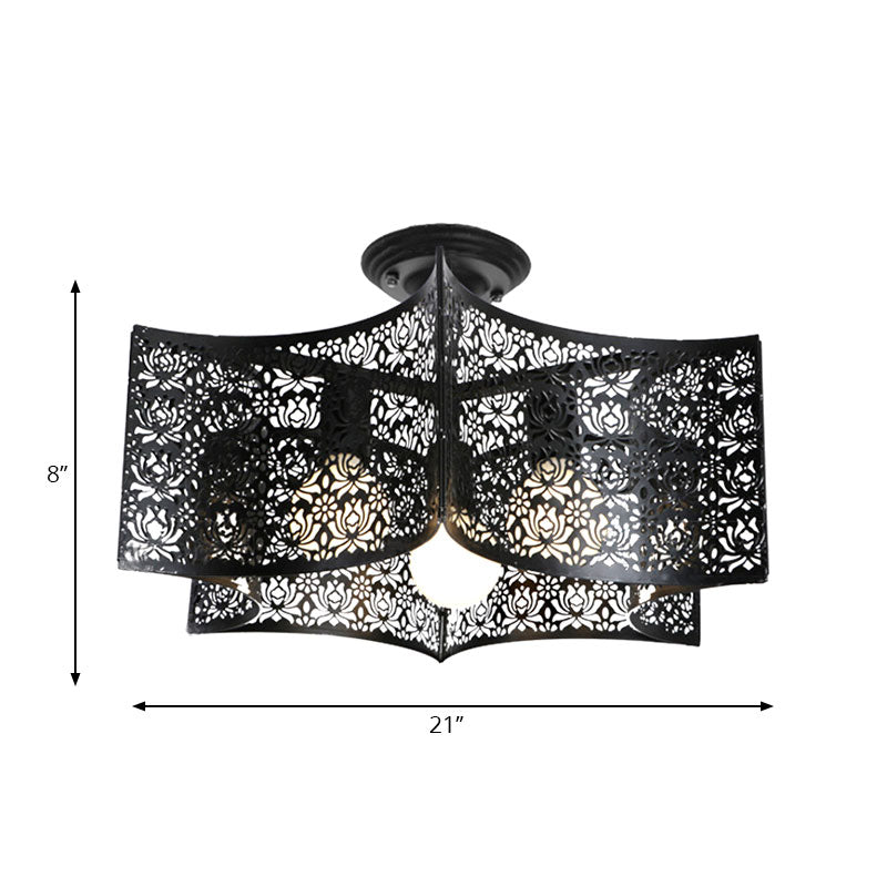 Black Drum Design Semi Flush Light with Wire Frame Vintage Retro Metallic 3 Heads Foyer Semi Flush Mount Light, 16"/16.5" W Clearhalo 'Ceiling Lights' 'Close To Ceiling Lights' 'Close to ceiling' 'Semi-flushmount' Lighting' 166116