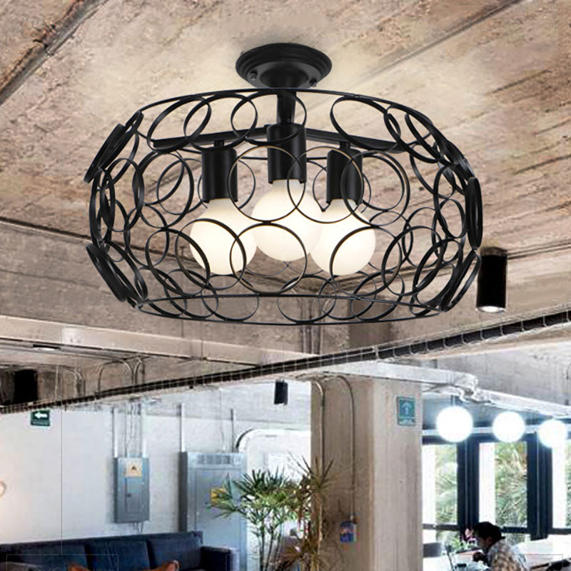 Black Drum Design Semi Flush Light with Wire Frame Vintage Retro Metallic 3 Heads Foyer Semi Flush Mount Light, 16"/16.5" W Black 18" Clearhalo 'Ceiling Lights' 'Close To Ceiling Lights' 'Close to ceiling' 'Semi-flushmount' Lighting' 166117