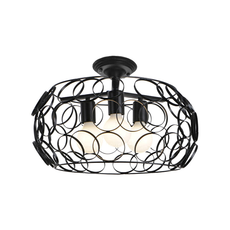 Black Drum Design Semi Flush Light with Wire Frame Vintage Retro Metallic 3 Heads Foyer Semi Flush Mount Light, 16"/16.5" W Clearhalo 'Ceiling Lights' 'Close To Ceiling Lights' 'Close to ceiling' 'Semi-flushmount' Lighting' 166118