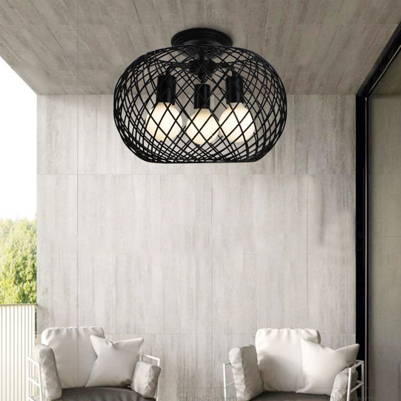 Black Drum Design Semi Flush Light with Wire Frame Vintage Retro Metallic 3 Heads Foyer Semi Flush Mount Light, 16"/16.5" W Black 16.5" Clearhalo 'Ceiling Lights' 'Close To Ceiling Lights' 'Close to ceiling' 'Semi-flushmount' Lighting' 166120
