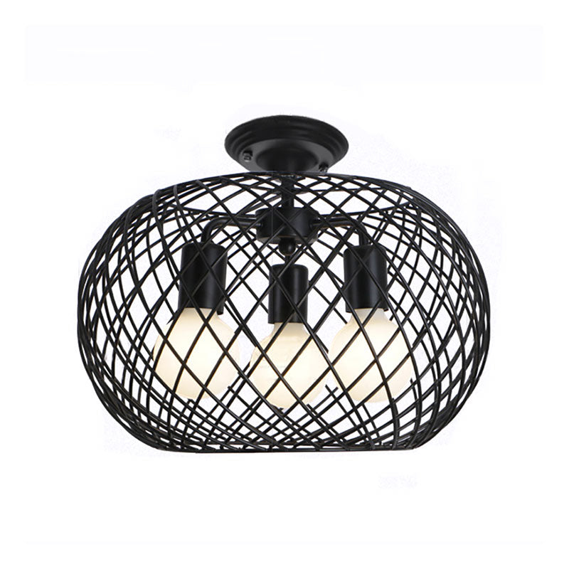 Black Drum Design Semi Flush Light with Wire Frame Vintage Retro Metallic 3 Heads Foyer Semi Flush Mount Light, 16"/16.5" W Clearhalo 'Ceiling Lights' 'Close To Ceiling Lights' 'Close to ceiling' 'Semi-flushmount' Lighting' 166121