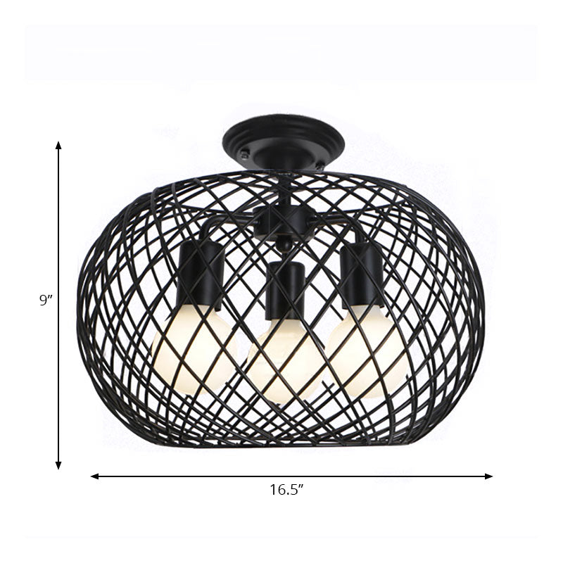 Black Drum Design Semi Flush Light with Wire Frame Vintage Retro Metallic 3 Heads Foyer Semi Flush Mount Light, 16"/16.5" W Clearhalo 'Ceiling Lights' 'Close To Ceiling Lights' 'Close to ceiling' 'Semi-flushmount' Lighting' 166122