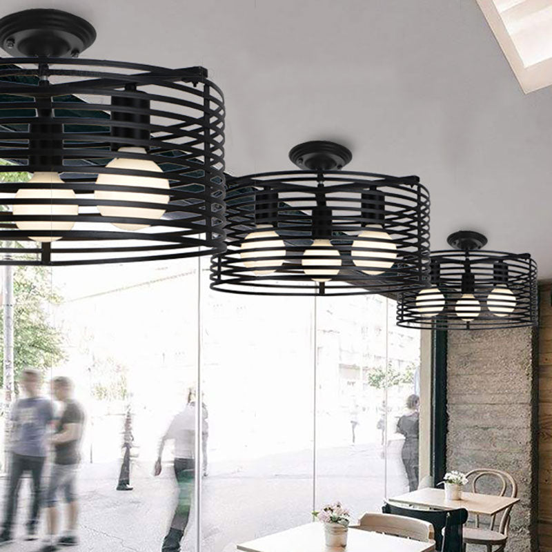 Black Drum Design Semi Flush Light with Wire Frame Vintage Retro Metallic 3 Heads Foyer Semi Flush Mount Light, 16"/16.5" W Black 16" Clearhalo 'Ceiling Lights' 'Close To Ceiling Lights' 'Close to ceiling' 'Semi-flushmount' Lighting' 166123