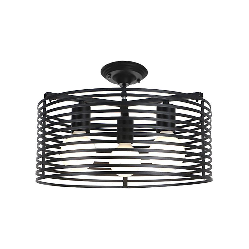 Black Drum Design Semi Flush Light with Wire Frame Vintage Retro Metallic 3 Heads Foyer Semi Flush Mount Light, 16"/16.5" W Clearhalo 'Ceiling Lights' 'Close To Ceiling Lights' 'Close to ceiling' 'Semi-flushmount' Lighting' 166124