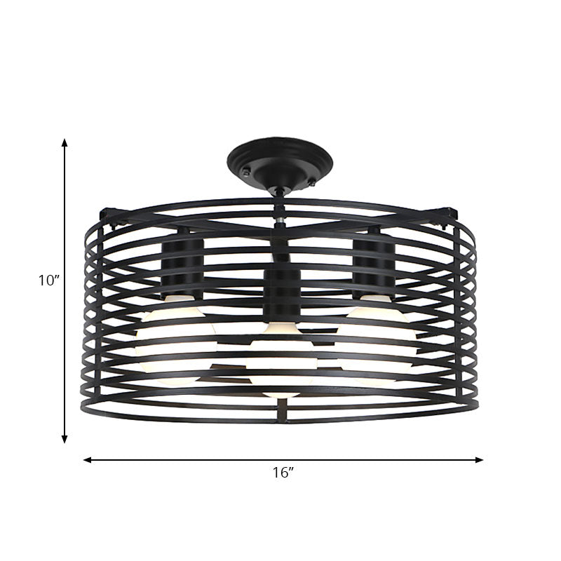 Black Drum Design Semi Flush Light with Wire Frame Vintage Retro Metallic 3 Heads Foyer Semi Flush Mount Light, 16"/16.5" W Clearhalo 'Ceiling Lights' 'Close To Ceiling Lights' 'Close to ceiling' 'Semi-flushmount' Lighting' 166125