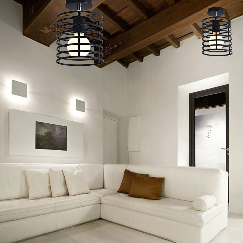 Cylinder/Drum Cage Bedroom Semi-Flush Ceiling Fixture Retro Vintage Metal 1 Head Black Rotatable Semi Flush Light Black Cylinder Clearhalo 'Ceiling Lights' 'Close To Ceiling Lights' 'Close to ceiling' 'Semi-flushmount' Lighting' 166139