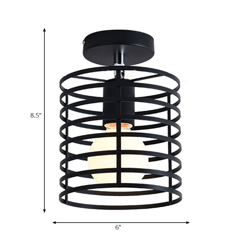 Cylinder/Drum Cage Bedroom Semi-Flush Ceiling Fixture Retro Vintage Metal 1 Head Black Rotatable Semi Flush Light Clearhalo 'Ceiling Lights' 'Close To Ceiling Lights' 'Close to ceiling' 'Semi-flushmount' Lighting' 166142