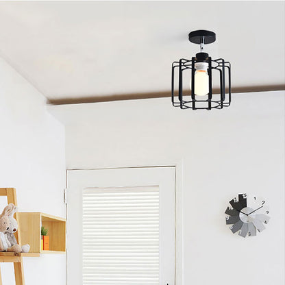 Cylinder/Drum Cage Bedroom Semi-Flush Ceiling Fixture Retro Vintage Metal 1 Head Black Rotatable Semi Flush Light Black Drum Clearhalo 'Ceiling Lights' 'Close To Ceiling Lights' 'Close to ceiling' 'Semi-flushmount' Lighting' 166143