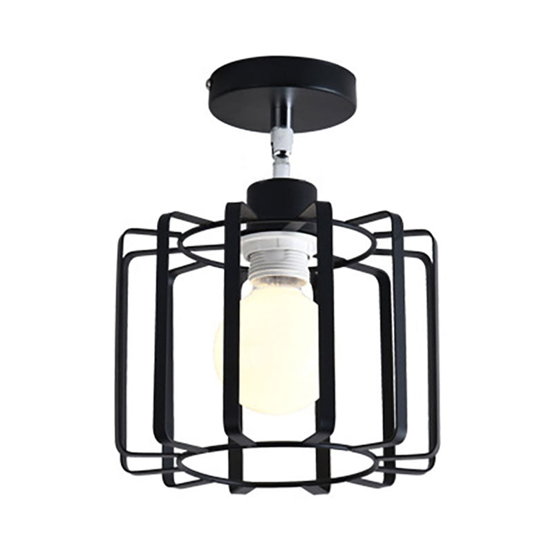 Cylinder/Drum Cage Bedroom Semi-Flush Ceiling Fixture Retro Vintage Metal 1 Head Black Rotatable Semi Flush Light Clearhalo 'Ceiling Lights' 'Close To Ceiling Lights' 'Close to ceiling' 'Semi-flushmount' Lighting' 166144