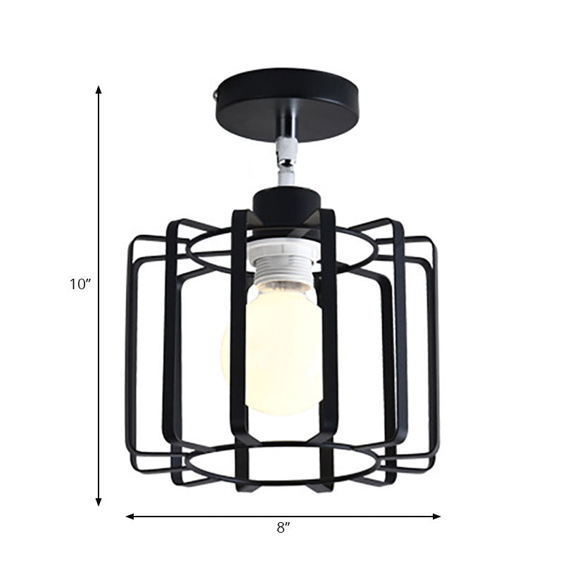 Cylinder/Drum Cage Bedroom Semi-Flush Ceiling Fixture Retro Vintage Metal 1 Head Black Rotatable Semi Flush Light Clearhalo 'Ceiling Lights' 'Close To Ceiling Lights' 'Close to ceiling' 'Semi-flushmount' Lighting' 166145