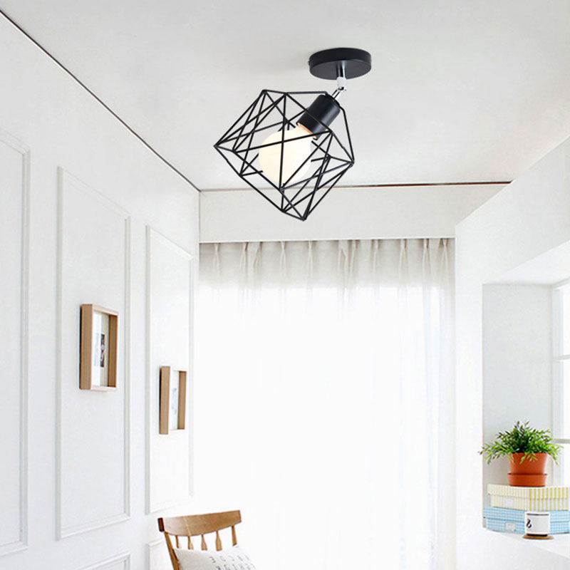 Cylinder/Drum Cage Bedroom Semi-Flush Ceiling Fixture Retro Vintage Metal 1 Head Black Rotatable Semi Flush Light Black Hexagon Clearhalo 'Ceiling Lights' 'Close To Ceiling Lights' 'Close to ceiling' 'Semi-flushmount' Lighting' 166146