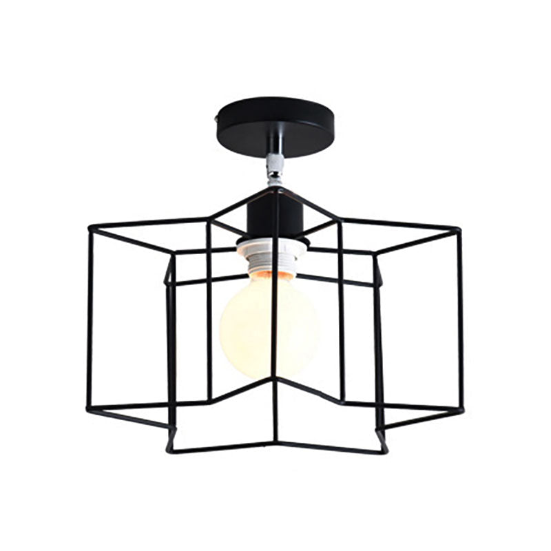 Cylinder/Drum Cage Bedroom Semi-Flush Ceiling Fixture Retro Vintage Metal 1 Head Black Rotatable Semi Flush Light Clearhalo 'Ceiling Lights' 'Close To Ceiling Lights' 'Close to ceiling' 'Semi-flushmount' Lighting' 166150