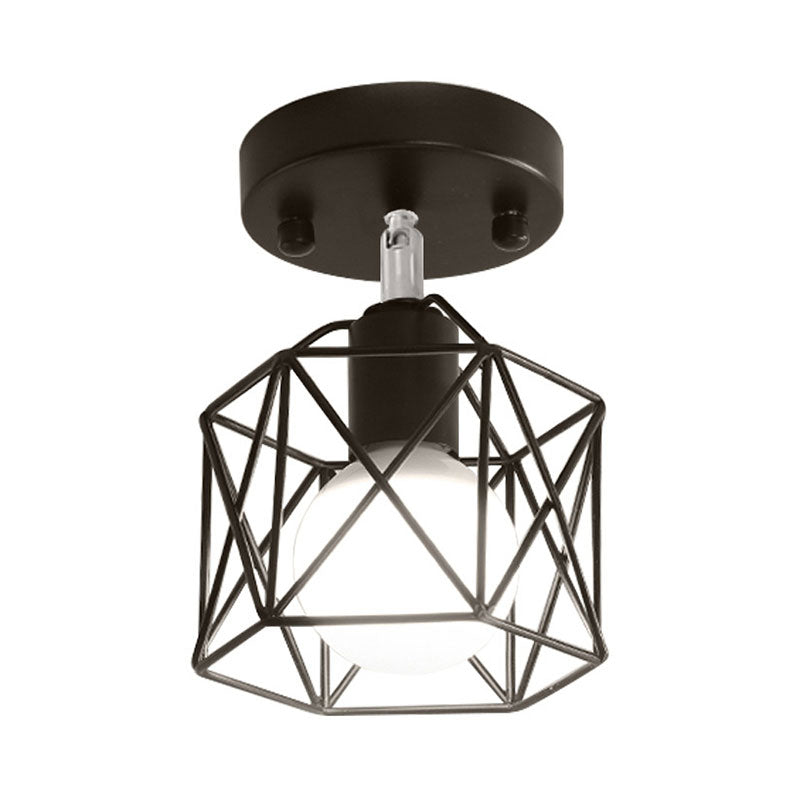 1 Light Hexagon Semi Flush Light with Wire Guard Industrial Loft Black Iron Ceiling Mounted Fixture for Kitchen Clearhalo 'Ceiling Lights' 'Close To Ceiling Lights' 'Close to ceiling' 'Semi-flushmount' Lighting' 166154