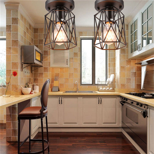 1 Head Wire Cage Semi Flush Light Vintage Style Black Metallic Ceiling Mounted Fixture for Kitchen Black Clearhalo 'Ceiling Lights' 'Close To Ceiling Lights' 'Close to ceiling' 'Semi-flushmount' Lighting' 166186