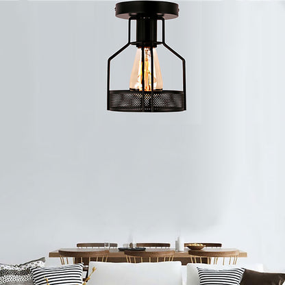 1 Head Cage Semi Flush Mount Light with Mesh Screen Industrial Loft Black Metal Ceiling Lighting for Dining Room Black Clearhalo 'Ceiling Lights' 'Close To Ceiling Lights' 'Close to ceiling' 'Semi-flushmount' Lighting' 166190