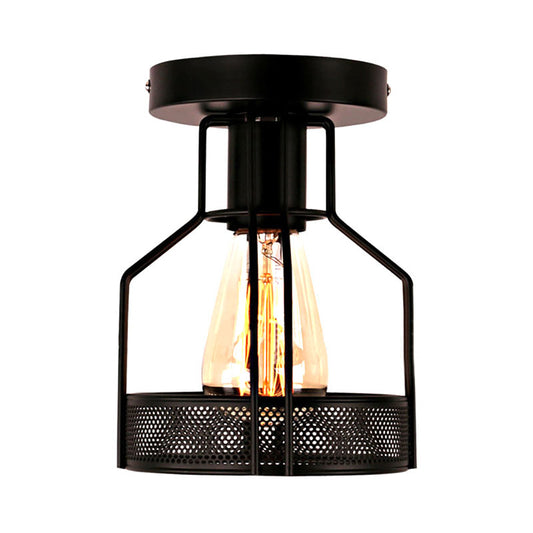 1 Head Cage Semi Flush Mount Light with Mesh Screen Industrial Loft Black Metal Ceiling Lighting for Dining Room Clearhalo 'Ceiling Lights' 'Close To Ceiling Lights' 'Close to ceiling' 'Semi-flushmount' Lighting' 166192