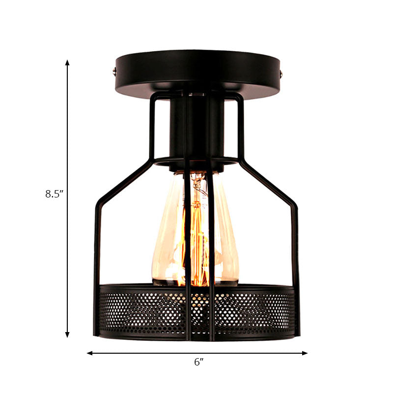 1 Head Cage Semi Flush Mount Light with Mesh Screen Industrial Loft Black Metal Ceiling Lighting for Dining Room Clearhalo 'Ceiling Lights' 'Close To Ceiling Lights' 'Close to ceiling' 'Semi-flushmount' Lighting' 166193