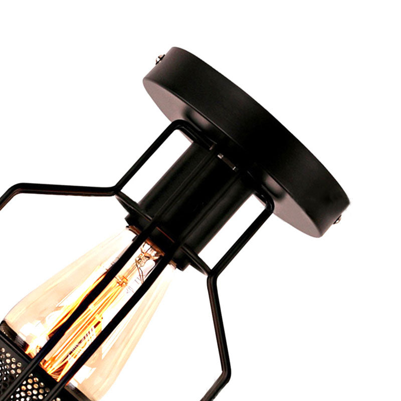 1 Head Cage Semi Flush Mount Light with Mesh Screen Industrial Loft Black Metal Ceiling Lighting for Dining Room Clearhalo 'Ceiling Lights' 'Close To Ceiling Lights' 'Close to ceiling' 'Semi-flushmount' Lighting' 166194