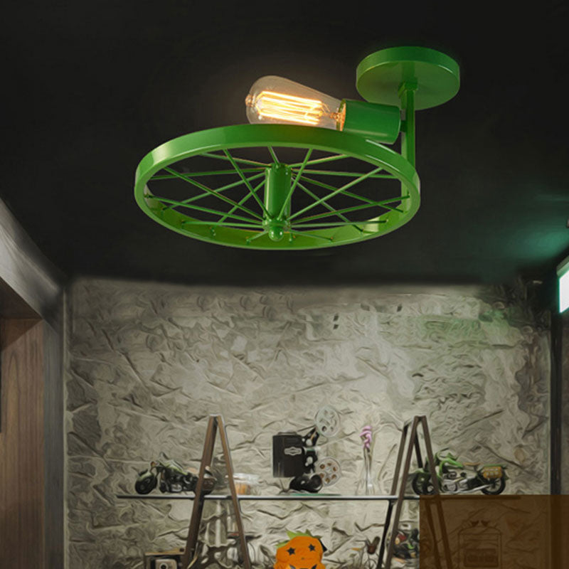 1 Head Wheel Shaped Semi Flush Light with Exposed Bulb Industrial White/Red Metallic Ceiling Mounted Light Green Clearhalo 'Ceiling Lights' 'Close To Ceiling Lights' 'Close to ceiling' 'Semi-flushmount' Lighting' 166199