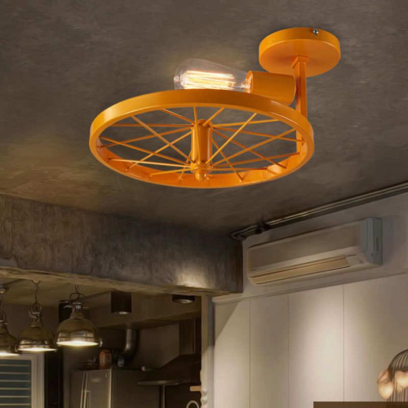 1 Head Wheel Shaped Semi Flush Light with Exposed Bulb Industrial White/Red Metallic Ceiling Mounted Light Orange Clearhalo 'Ceiling Lights' 'Close To Ceiling Lights' 'Close to ceiling' 'Semi-flushmount' Lighting' 166203