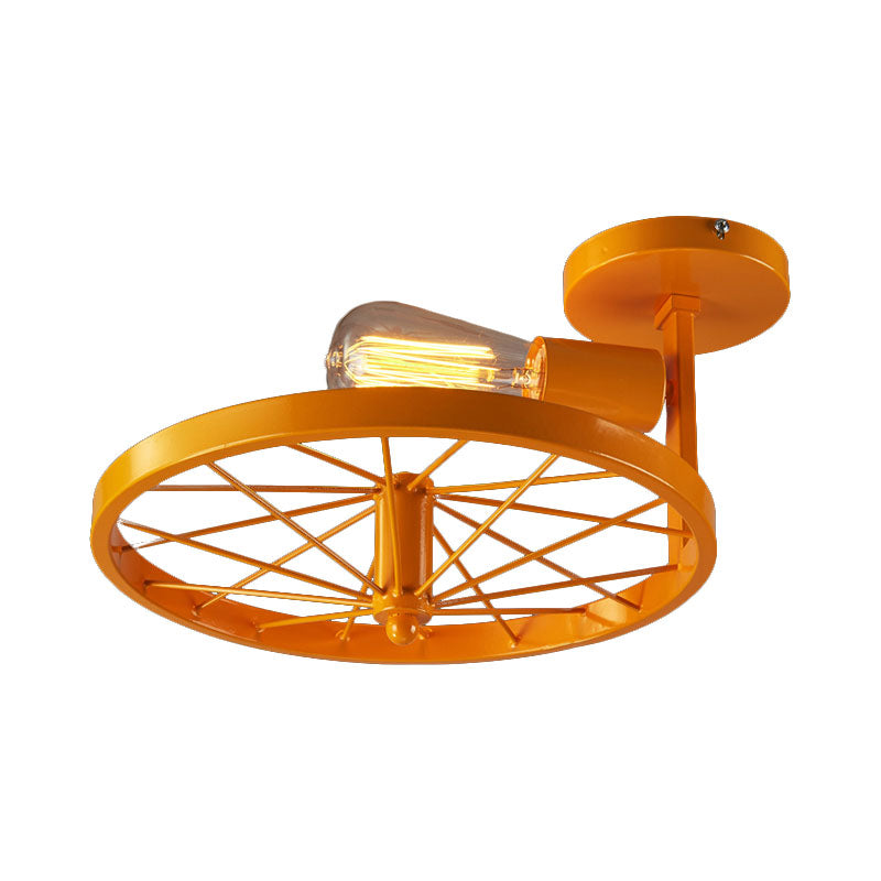 1 Head Wheel Shaped Semi Flush Light with Exposed Bulb Industrial White/Red Metallic Ceiling Mounted Light Clearhalo 'Ceiling Lights' 'Close To Ceiling Lights' 'Close to ceiling' 'Semi-flushmount' Lighting' 166204