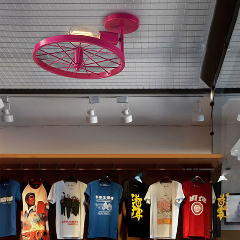 1 Head Wheel Shaped Semi Flush Light with Exposed Bulb Industrial White/Red Metallic Ceiling Mounted Light Red Clearhalo 'Ceiling Lights' 'Close To Ceiling Lights' 'Close to ceiling' 'Semi-flushmount' Lighting' 166205