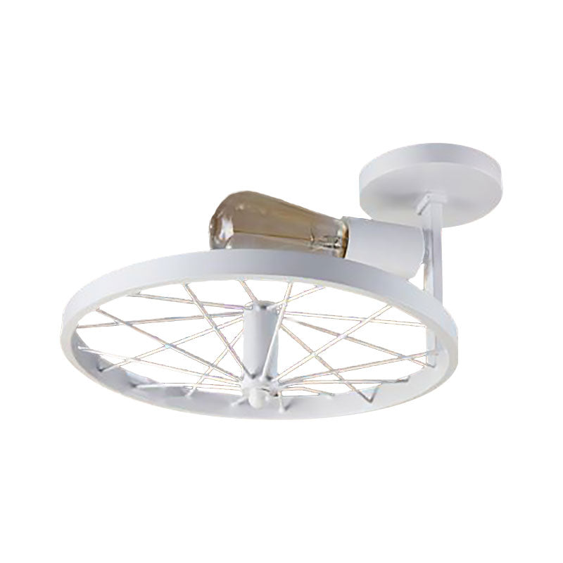 1 Head Wheel Shaped Semi Flush Light with Exposed Bulb Industrial White/Red Metallic Ceiling Mounted Light Clearhalo 'Ceiling Lights' 'Close To Ceiling Lights' 'Close to ceiling' 'Semi-flushmount' Lighting' 166208