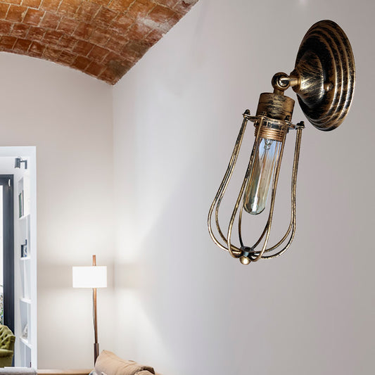 1 Head Wire Guard Wall Light Sconce with Bulb Shade Industrial Aged Brass/Antique Silver Iron Wall Lamp for Restaurant Antique Brass Clearhalo 'Art deco wall lights' 'Cast Iron' 'Glass' 'Industrial wall lights' 'Industrial' 'Middle century wall lights' 'Modern' 'Rustic wall lights' 'Tiffany' 'Traditional wall lights' 'Wall Lamps & Sconces' 'Wall Lights' Lighting' 166248