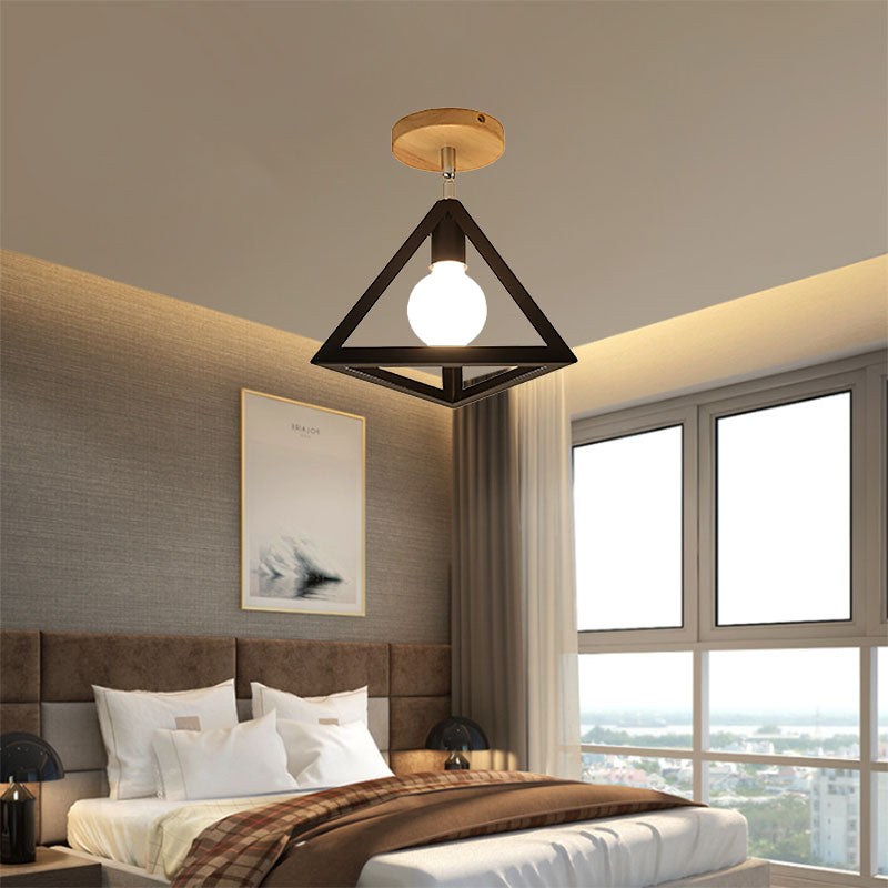 Vintage Style Wire Cage Semi Flush Mount with Triangle Shade 1 Light Metallic Semi Flush Ceiling Fixture in Black/White Black Clearhalo 'Ceiling Lights' 'Close To Ceiling Lights' 'Close to ceiling' 'Semi-flushmount' Lighting' 166451