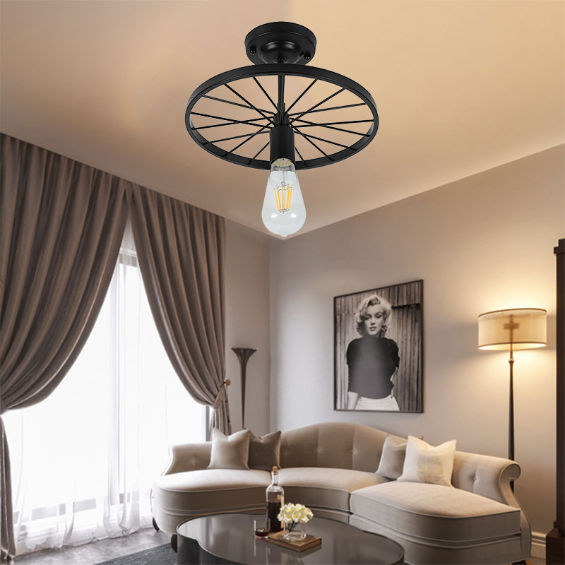 Bare Bulb Restaurant Semi Flush Light Industrial Style Metal 1 Head Black Finish Ceiling Fixture with Wheel Decoration Black Clearhalo 'Ceiling Lights' 'Close To Ceiling Lights' 'Close to ceiling' 'Glass shade' 'Glass' 'Island Lights' 'Semi-flushmount' Lighting' 166543