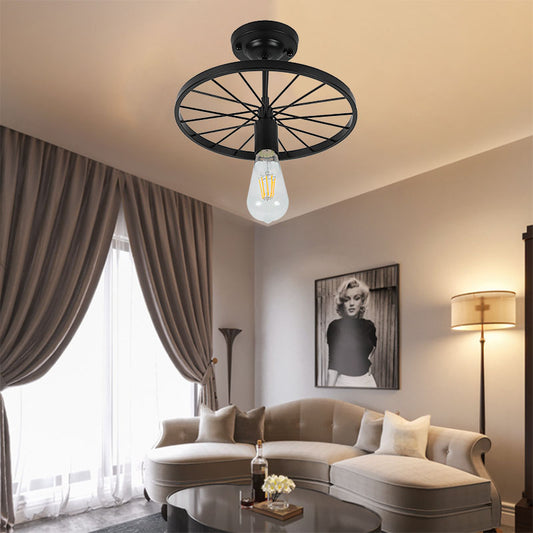 Bare Bulb Restaurant Semi Flush Light Industrial Style Metal 1 Head Black Finish Ceiling Fixture with Wheel Decoration Black Clearhalo 'Ceiling Lights' 'Close To Ceiling Lights' 'Close to ceiling' 'Glass shade' 'Glass' 'Island Lights' 'Semi-flushmount' Lighting' 166543