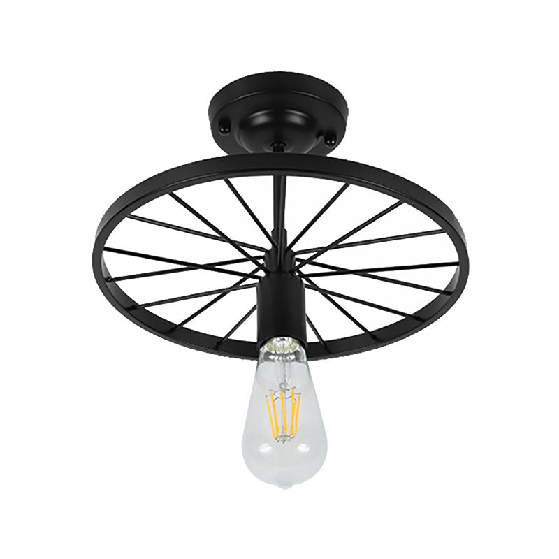 Bare Bulb Restaurant Semi Flush Light Industrial Style Metal 1 Head Black Finish Ceiling Fixture with Wheel Decoration Clearhalo 'Ceiling Lights' 'Close To Ceiling Lights' 'Close to ceiling' 'Glass shade' 'Glass' 'Island Lights' 'Semi-flushmount' Lighting' 166545