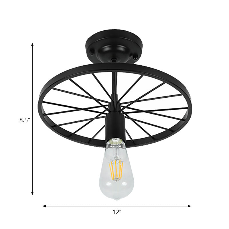Bare Bulb Restaurant Semi Flush Light Industrial Style Metal 1 Head Black Finish Ceiling Fixture with Wheel Decoration Clearhalo 'Ceiling Lights' 'Close To Ceiling Lights' 'Close to ceiling' 'Glass shade' 'Glass' 'Island Lights' 'Semi-flushmount' Lighting' 166546