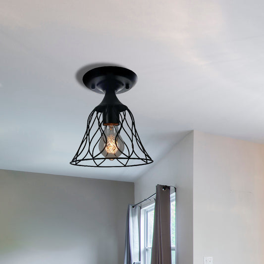 1 Bulb Ceiling Lighting Antique Bell Cage Shade Metallic Semi Flush Pendant Light in Black for Bedroom Black Clearhalo 'Ceiling Lights' 'Close To Ceiling Lights' 'Close to ceiling' 'Semi-flushmount' Lighting' 166547