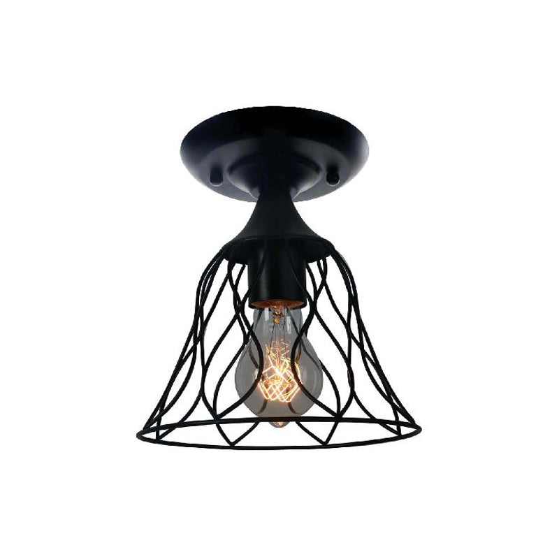 1 Bulb Ceiling Lighting Antique Bell Cage Shade Metallic Semi Flush Pendant Light in Black for Bedroom Clearhalo 'Ceiling Lights' 'Close To Ceiling Lights' 'Close to ceiling' 'Semi-flushmount' Lighting' 166549