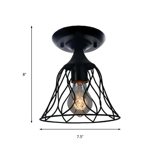 1 Bulb Ceiling Lighting Antique Bell Cage Shade Metallic Semi Flush Pendant Light in Black for Bedroom Clearhalo 'Ceiling Lights' 'Close To Ceiling Lights' 'Close to ceiling' 'Semi-flushmount' Lighting' 166550