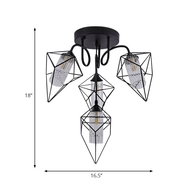 Cage Diamond Bedroom Ceiling Mount Chandelier Retro Metal 4/6 Lights Black Pendant Light with Inner Clear Glass Shade Clearhalo 'Ceiling Lights' 'Close To Ceiling Lights' 'Close to ceiling' 'Glass shade' 'Glass' 'Semi-flushmount' Lighting' 166595