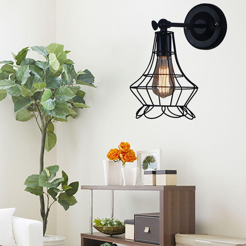 Black Barrel/Flared Cage Wall Sconce Industrial Style Metal 1 Head Living Room Rotatable Wall Mount Light Black Urn Clearhalo 'Art deco wall lights' 'Cast Iron' 'Glass' 'Industrial wall lights' 'Industrial' 'Middle century wall lights' 'Modern' 'Rustic wall lights' 'Tiffany' 'Traditional wall lights' 'Wall Lamps & Sconces' 'Wall Lights' Lighting' 166996