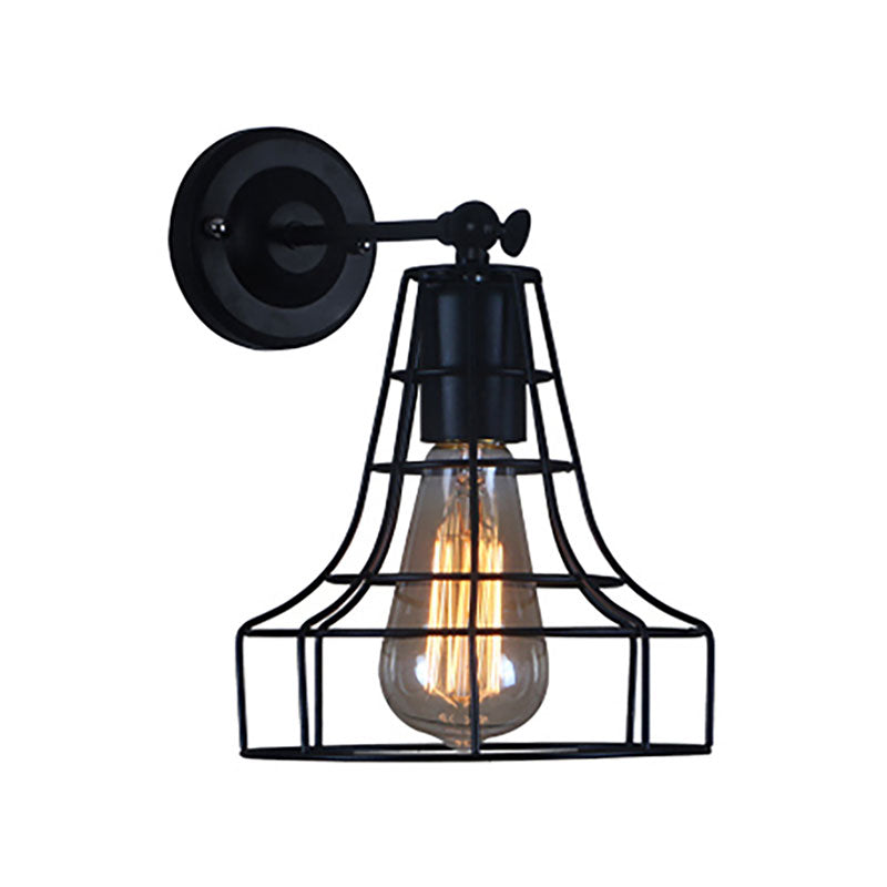 Black Barrel/Flared Cage Wall Sconce Industrial Style Metal 1 Head Living Room Rotatable Wall Mount Light Clearhalo 'Art deco wall lights' 'Cast Iron' 'Glass' 'Industrial wall lights' 'Industrial' 'Middle century wall lights' 'Modern' 'Rustic wall lights' 'Tiffany' 'Traditional wall lights' 'Wall Lamps & Sconces' 'Wall Lights' Lighting' 167002