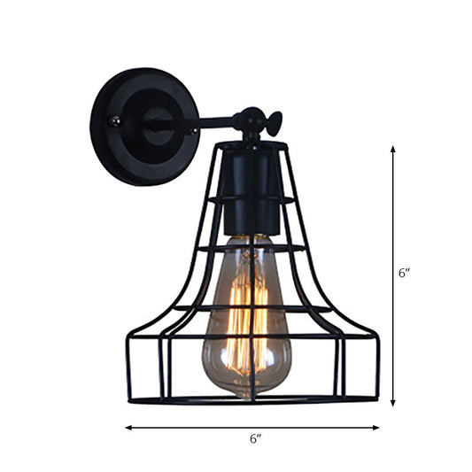 Black Barrel/Flared Cage Wall Sconce Industrial Style Metal 1 Head Living Room Rotatable Wall Mount Light Clearhalo 'Art deco wall lights' 'Cast Iron' 'Glass' 'Industrial wall lights' 'Industrial' 'Middle century wall lights' 'Modern' 'Rustic wall lights' 'Tiffany' 'Traditional wall lights' 'Wall Lamps & Sconces' 'Wall Lights' Lighting' 167003