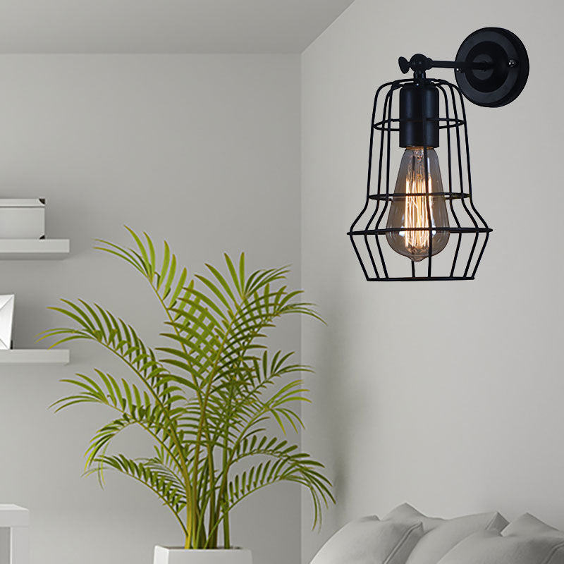 Black Barrel/Flared Cage Wall Sconce Industrial Style Metal 1 Head Living Room Rotatable Wall Mount Light Black Barrel Clearhalo 'Art deco wall lights' 'Cast Iron' 'Glass' 'Industrial wall lights' 'Industrial' 'Middle century wall lights' 'Modern' 'Rustic wall lights' 'Tiffany' 'Traditional wall lights' 'Wall Lamps & Sconces' 'Wall Lights' Lighting' 167004