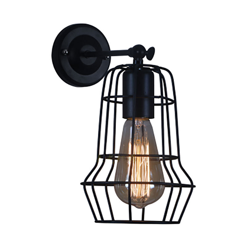 Black Barrel/Flared Cage Wall Sconce Industrial Style Metal 1 Head Living Room Rotatable Wall Mount Light Clearhalo 'Art deco wall lights' 'Cast Iron' 'Glass' 'Industrial wall lights' 'Industrial' 'Middle century wall lights' 'Modern' 'Rustic wall lights' 'Tiffany' 'Traditional wall lights' 'Wall Lamps & Sconces' 'Wall Lights' Lighting' 167005
