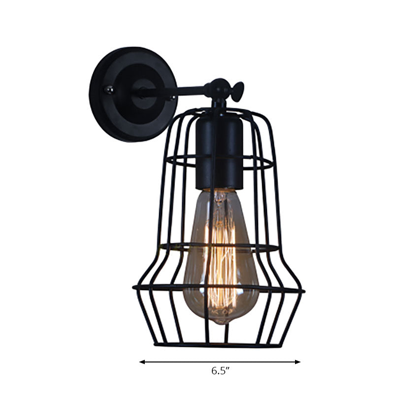 Black Barrel/Flared Cage Wall Sconce Industrial Style Metal 1 Head Living Room Rotatable Wall Mount Light Clearhalo 'Art deco wall lights' 'Cast Iron' 'Glass' 'Industrial wall lights' 'Industrial' 'Middle century wall lights' 'Modern' 'Rustic wall lights' 'Tiffany' 'Traditional wall lights' 'Wall Lamps & Sconces' 'Wall Lights' Lighting' 167006