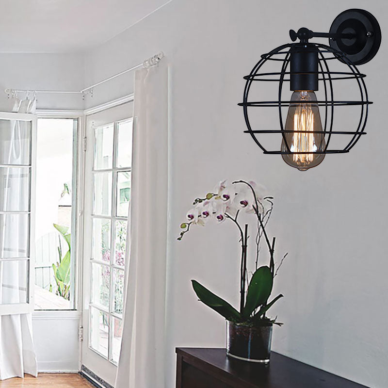 Black Barrel/Flared Cage Wall Sconce Industrial Style Metal 1 Head Living Room Rotatable Wall Mount Light Black Globe Clearhalo 'Art deco wall lights' 'Cast Iron' 'Glass' 'Industrial wall lights' 'Industrial' 'Middle century wall lights' 'Modern' 'Rustic wall lights' 'Tiffany' 'Traditional wall lights' 'Wall Lamps & Sconces' 'Wall Lights' Lighting' 167007