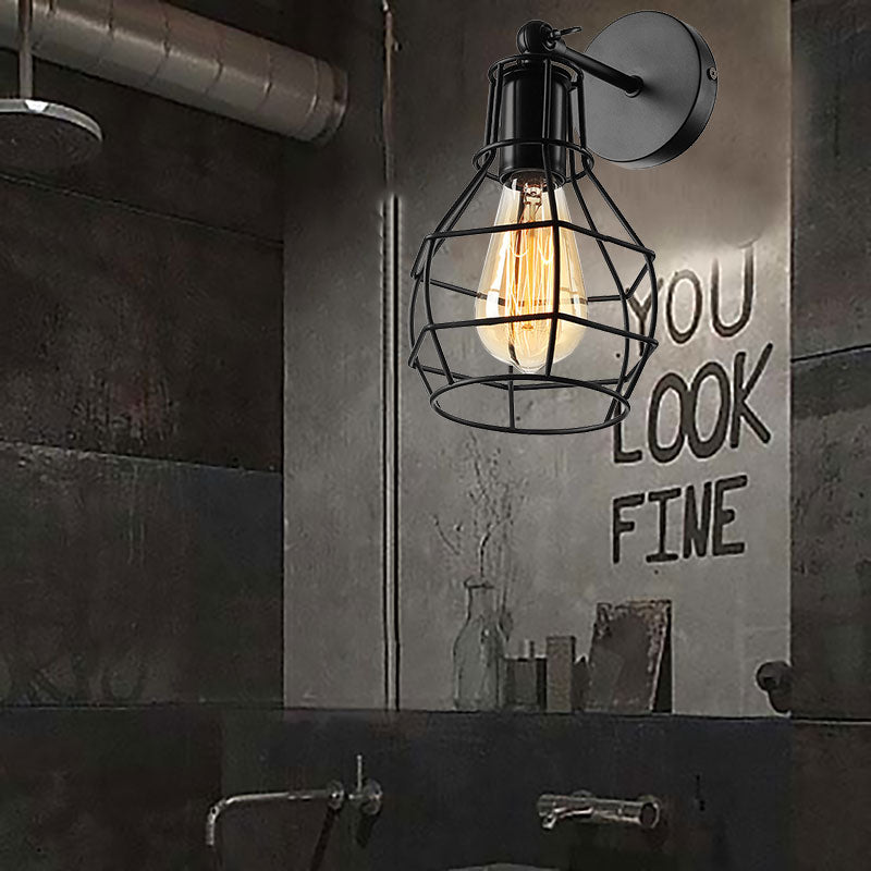 Black Barrel/Flared Cage Wall Sconce Industrial Style Metal 1 Head Living Room Rotatable Wall Mount Light Black Vase Clearhalo 'Art deco wall lights' 'Cast Iron' 'Glass' 'Industrial wall lights' 'Industrial' 'Middle century wall lights' 'Modern' 'Rustic wall lights' 'Tiffany' 'Traditional wall lights' 'Wall Lamps & Sconces' 'Wall Lights' Lighting' 167010