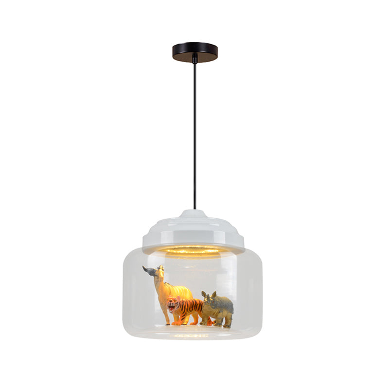 Hanging Lamp for Bedroom, Adjustable Modern Glass Cylinder Pendant Lighting with Animals Decoration (Random shipments of Animals) Clearhalo 'Ceiling Lights' 'Glass shade' 'Glass' 'Pendant Lights' 'Pendants' Lighting' 167404