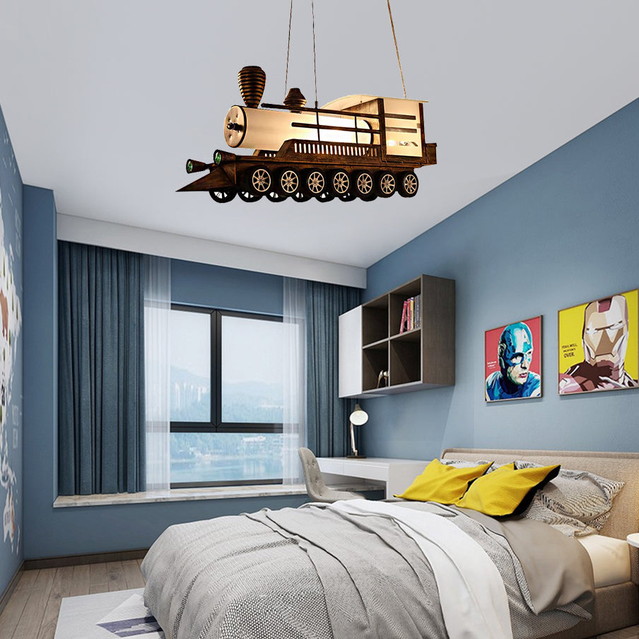 Kids Chandelier Boy, Adjustable 3-Light Ceiling Light Fixture with Milk Glass Cylinder Shade and Train Design, 23.5" L x 7" W x 10" H Clearhalo 'Ceiling Lights' 'Chandeliers' 'Glass shade' 'Glass' 'Pendant Lights' Lighting' 167735