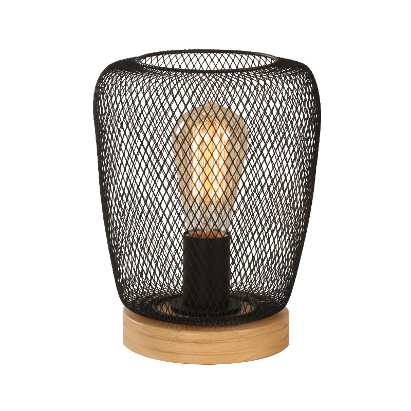 1 Bulb Table Lamp Industrial Stylish Pear/Barrel Shade Metal and Wood Task Lamp with Wire Guard in Black for Bedroom Clearhalo 'Lamps' 'Table Lamps' Lighting' 167794